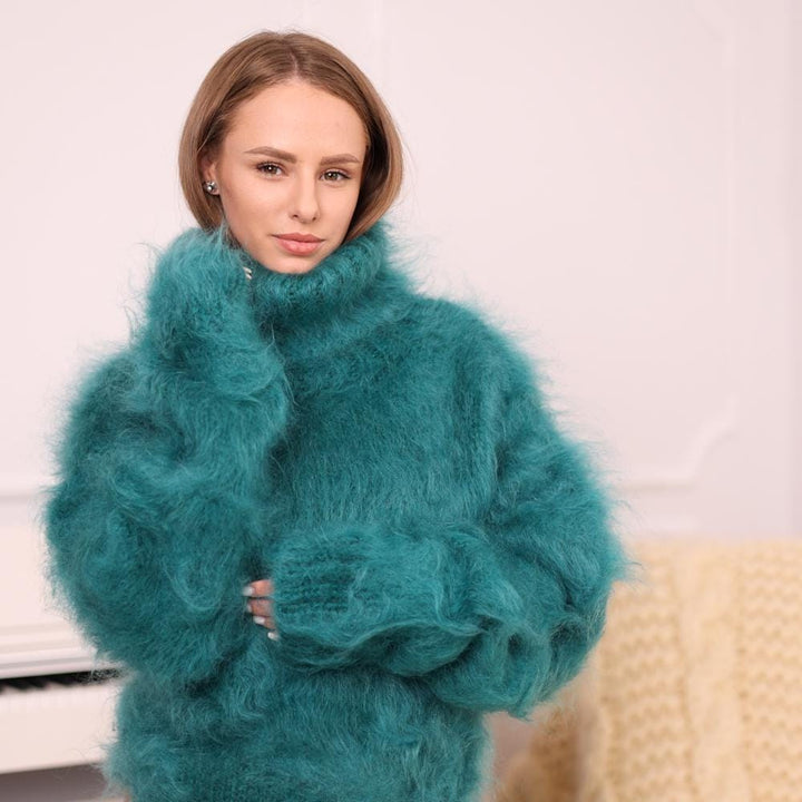 Teal Mohair Bodysuit – Hand-Knitted Hairy Fluffy Brushed Knitwear – Soft Full Body Suit – T1981