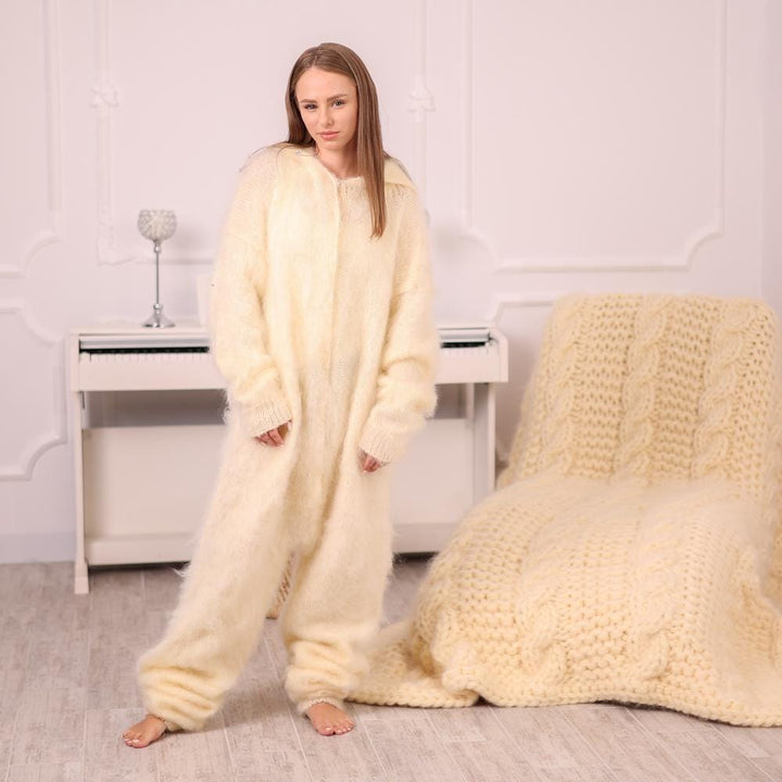 Mohair Catsuit – Hand-Knitted Fluffy Full Body Suit with 50 cm Turtleneck  T1987