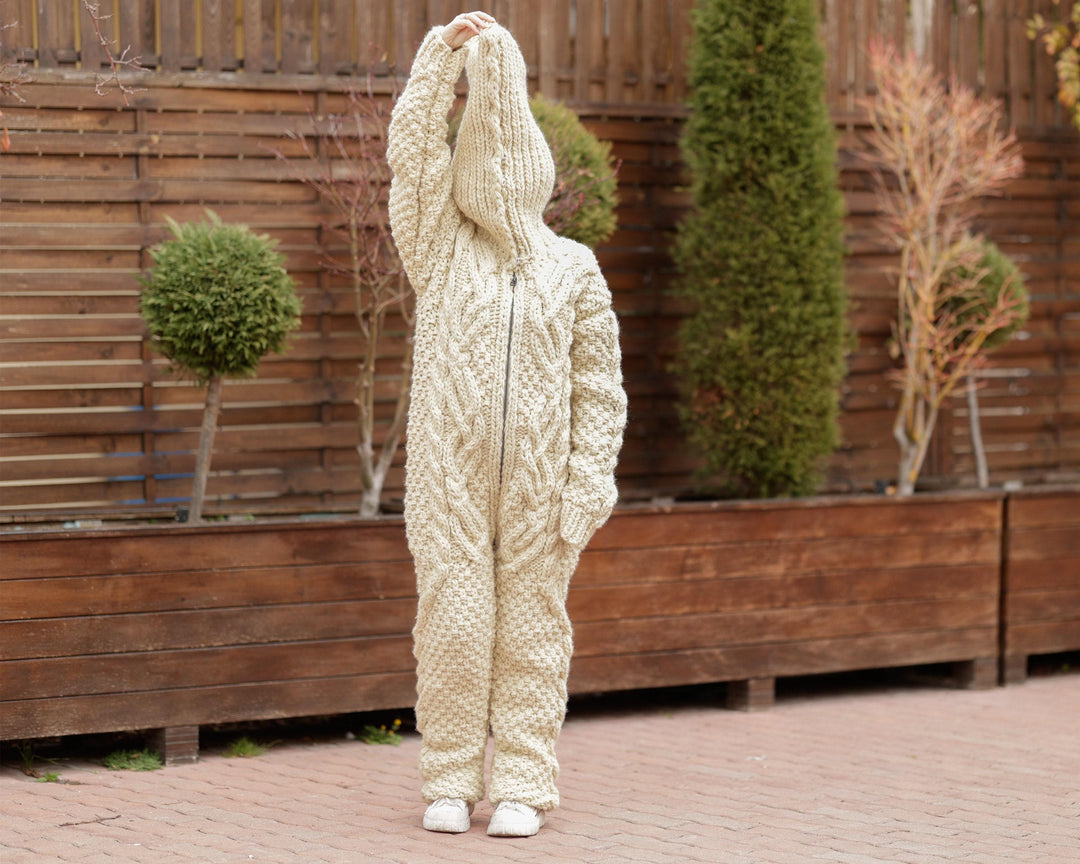 Wool Catsuit – Hand-Knitted 100% Wool Cable Knit Full Body Overall – Chunky Natural Suit – T1376