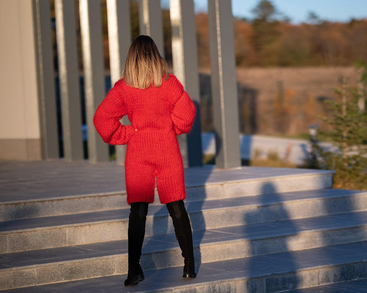 Red Wool and Mohair Catsuit – Hand-Knitted Short-Leg Romper – Soft Fluffy One-Piece Suit – T1305