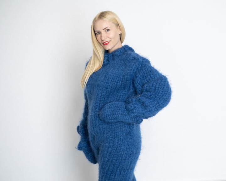 Hand Knit Mohair Catsuit: Blue Fuzzy Jumpsuit with Mittens & Socks T1514