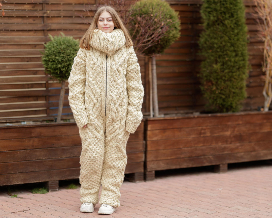 Wool Catsuit – Hand-Knitted 100% Wool Cable Knit Full Body Overall – Chunky Natural Suit – T1376