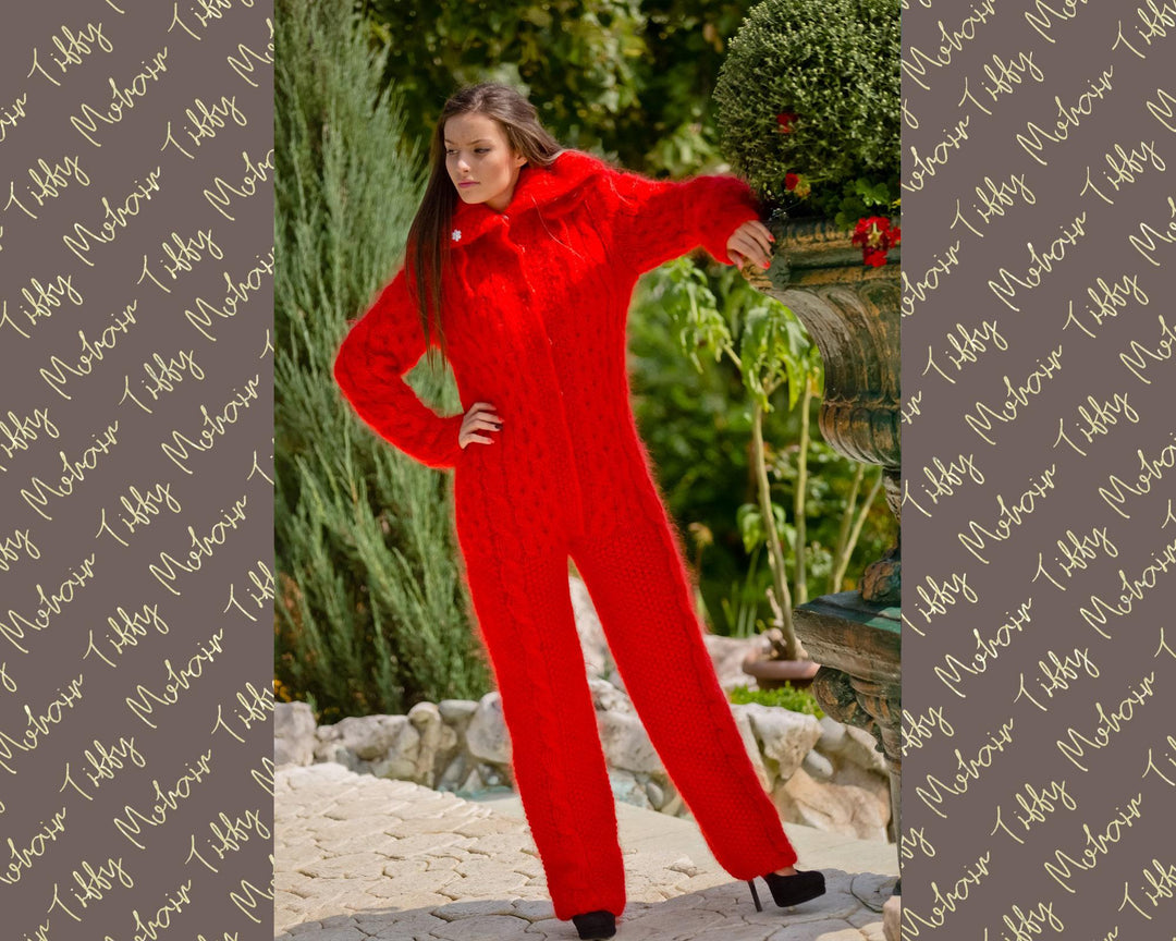 Red Mohair Catsuit – Hand-Knitted Cable Knit Jumpsuit – Chunky Fluffy One-Piece – T127