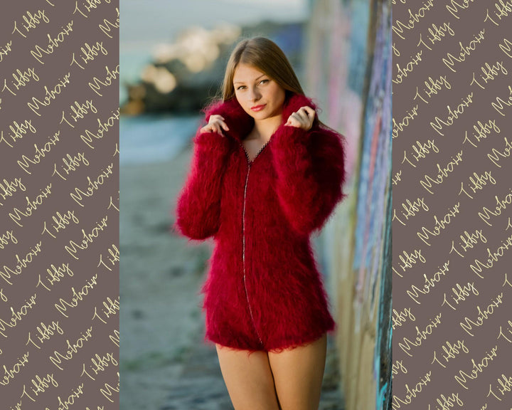 Red Mohair Catsuit – Hand-Knitted Fluffy Bodysuit with Zipper – Chunky Mohair One-Piece – T148
