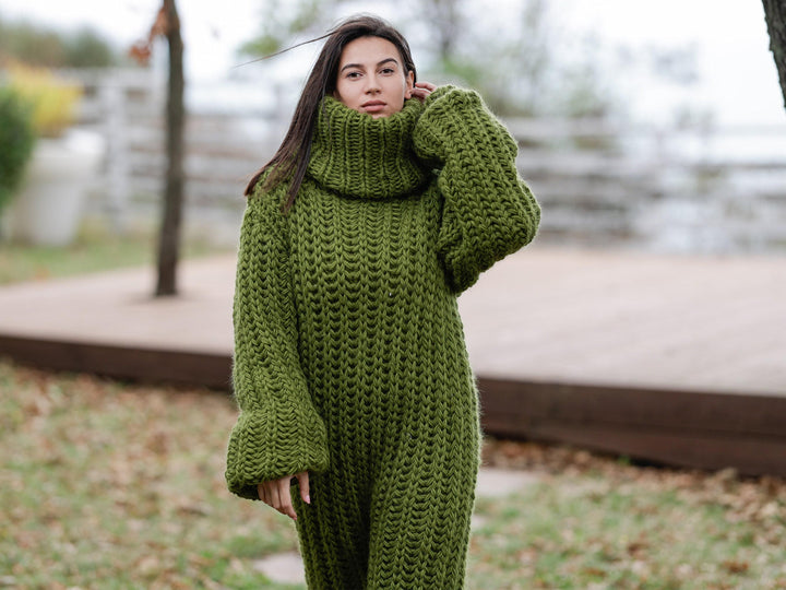 Wool Catsuit 100% – Hand-Knitted English Rib Bodysuit with Extra Long Turtleneck 1146