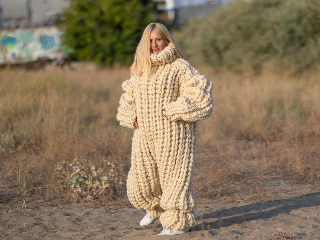 Hand-Knitted Wool Catsuit – Chunky Knit Turtleneck Overall T1242