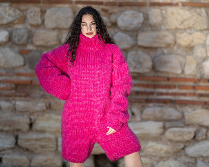 Pink Wool and Mohair Catsuit – Hand-Knitted Soft Short-Leg Bodysuit – Fluffy One-Piece Knit – T1414