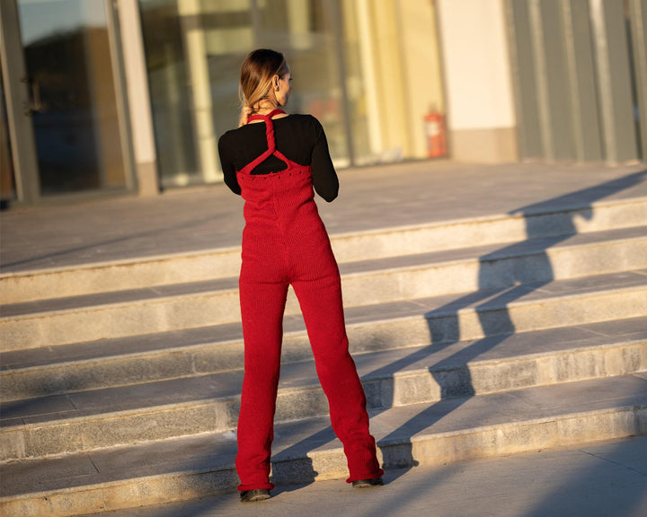 Red Wool Catsuit – Hand-Knitted 100% Wool Full Body Overall – Chunky Natural Knit Suit – T1308