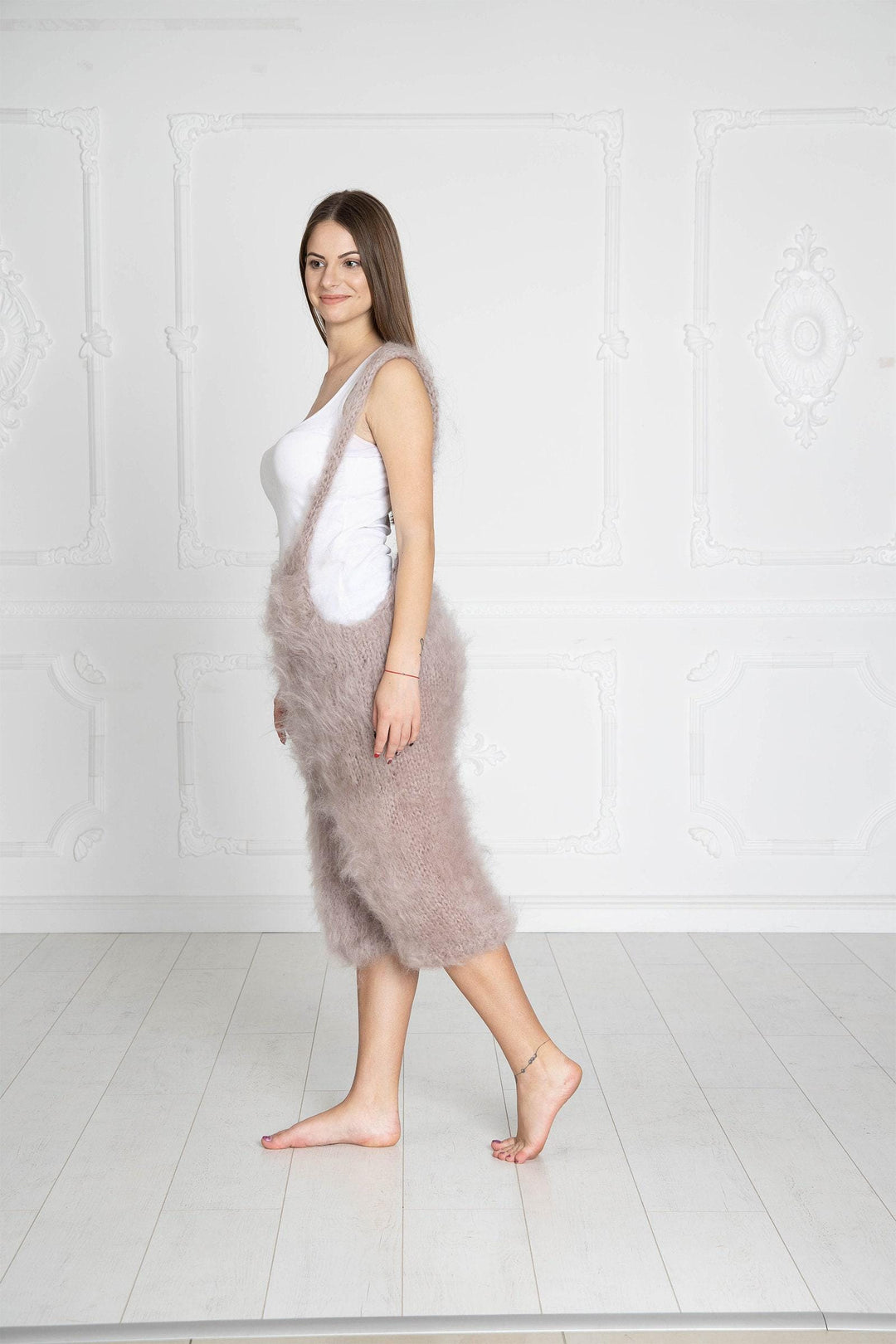 Beige Mohair Catsuit – Hand-Knitted Fluffy Wrestling Bodysuit – Soft One-Piece Knit – T653