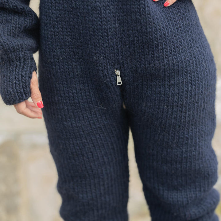 Blue Wool Catsuit – Hand-Knitted Full Body Suit with Long 70 cm Cowl Neck T1871