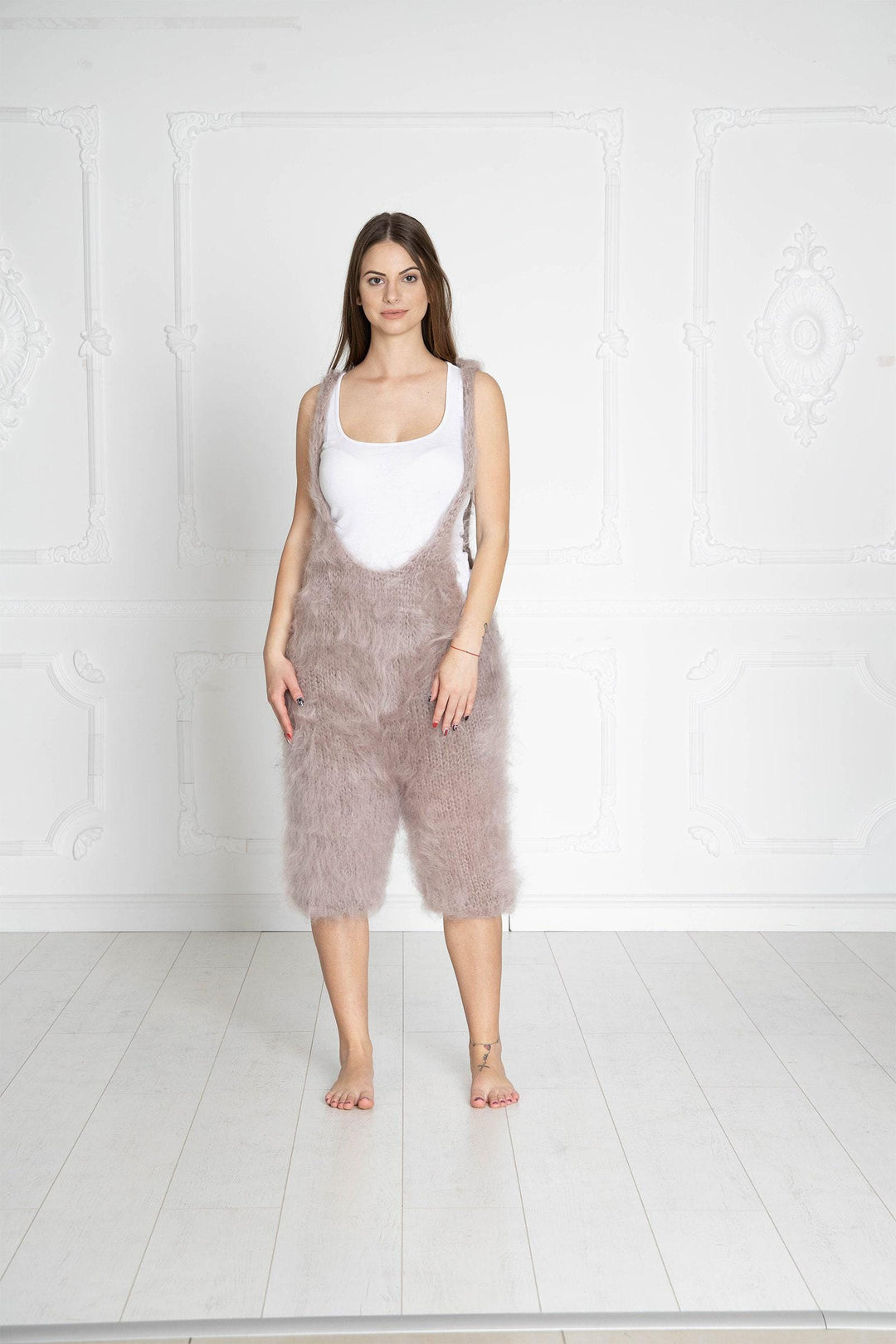 Beige Mohair Catsuit – Hand-Knitted Fluffy Wrestling Bodysuit – Soft One-Piece Knit – T653