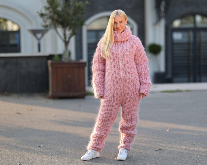 Pink Melange Mohair and Alpaca Catsuit – Hand-Knitted 16-Strand Fluffy Full Body Suit T1453