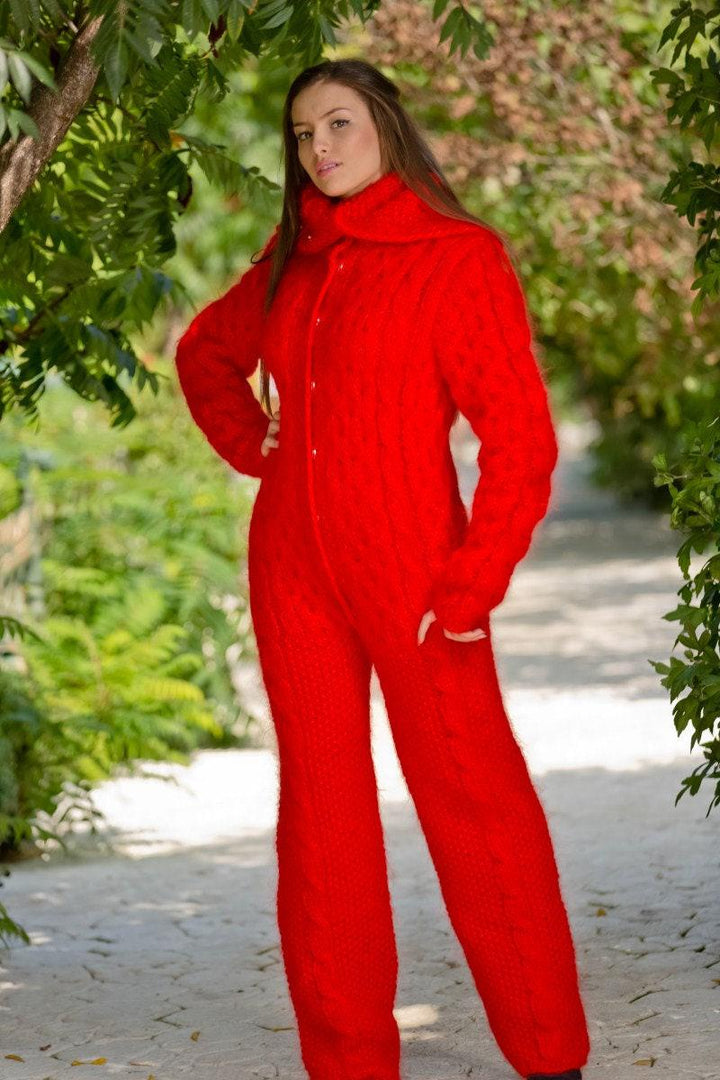 Red Mohair Catsuit – Hand-Knitted Cable Knit Jumpsuit – Chunky Fluffy One-Piece – T127