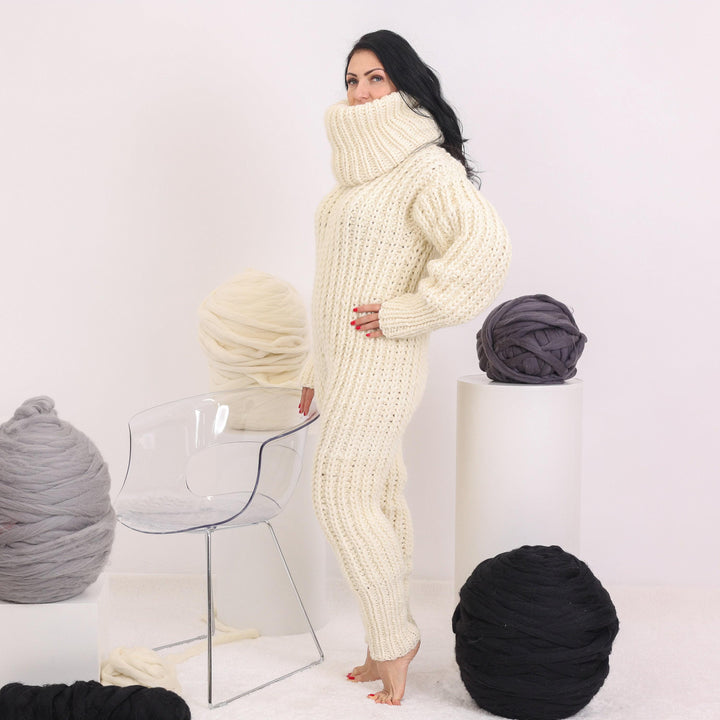 Wool Catsuit – Hand-Knitted 100% Wool Full Body Suit with Extra Long Turtleneck T1622