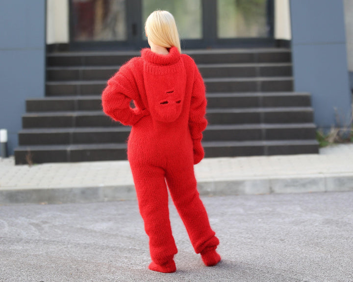 Red Mohair Catsuit – Fluffy Hand-Knitted Full Set with Balaclava, Mittens and Socks T1494