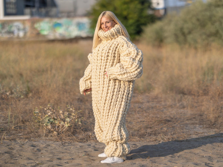 Hand-Knitted Wool Catsuit – Chunky Knit Turtleneck Overall T1242