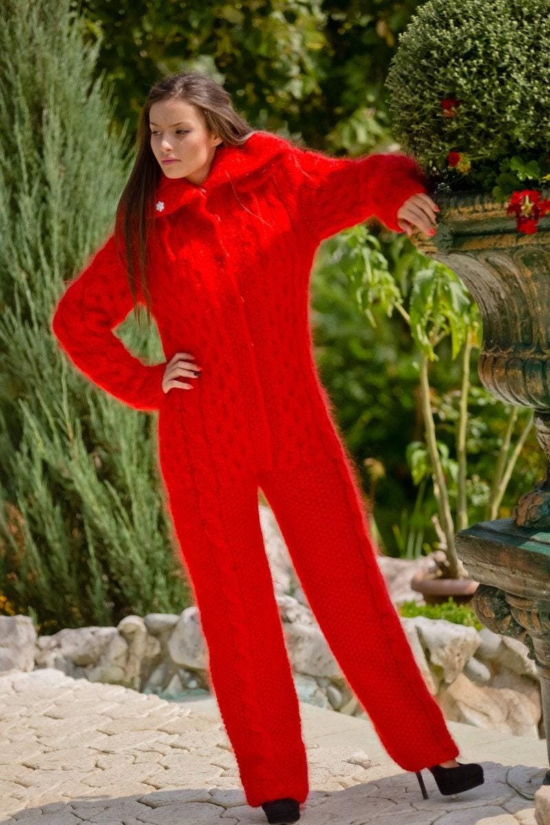 Red Mohair Catsuit – Hand-Knitted Cable Knit Jumpsuit – Chunky Fluffy One-Piece – T127