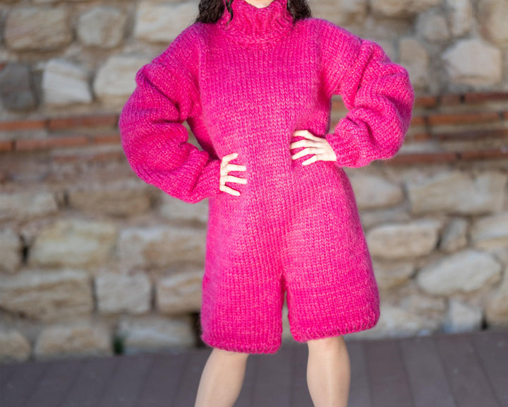Pink Wool and Mohair Catsuit – Hand-Knitted Soft Short-Leg Bodysuit – Fluffy One-Piece Knit – T1414