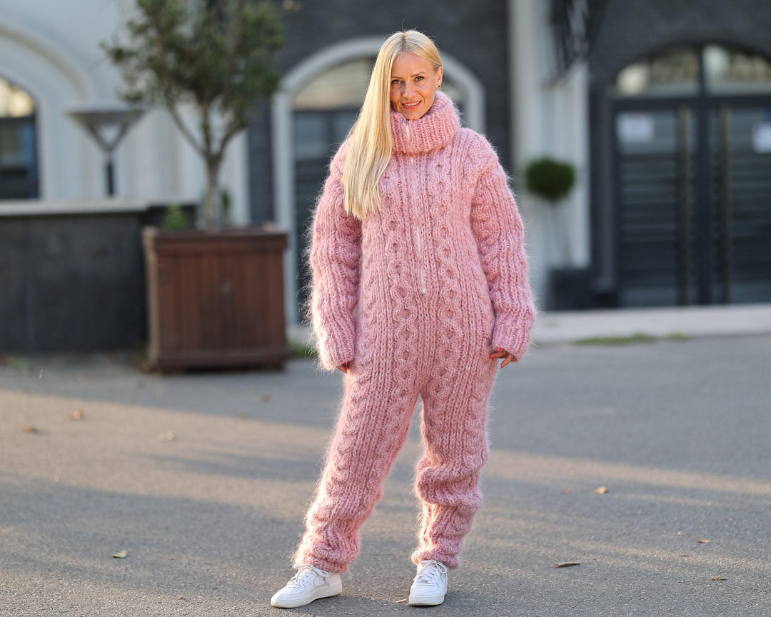 Pink Melange Mohair and Alpaca Catsuit – Hand-Knitted 16-Strand Fluffy Full Body Suit T1453