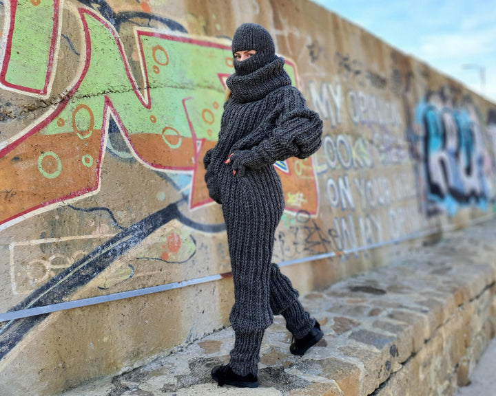 Hand-Knitted Wool Catsuit – English Rib, Extra Long Turtleneck T910