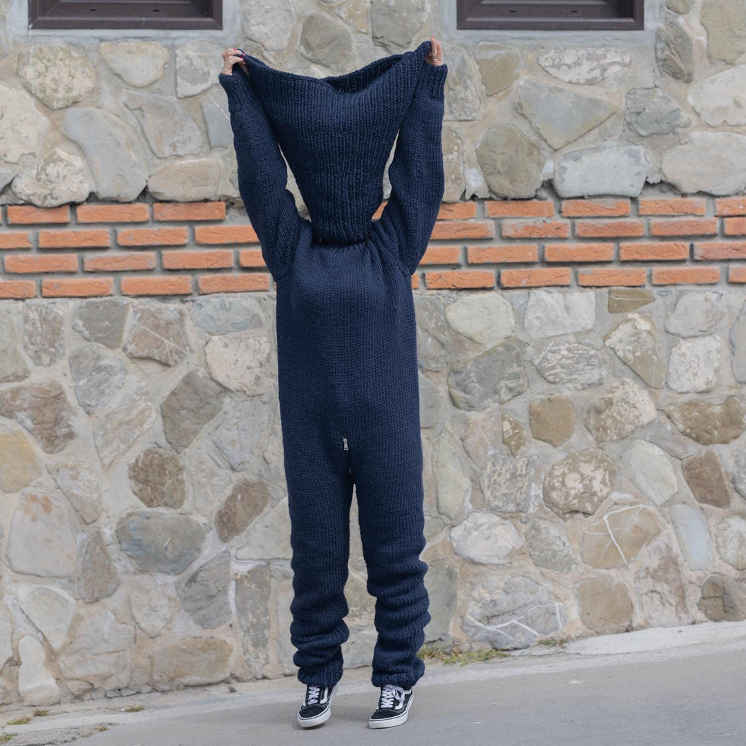 Blue Wool Catsuit – Hand-Knitted Full Body Suit with Long 70 cm Cowl Neck T1871