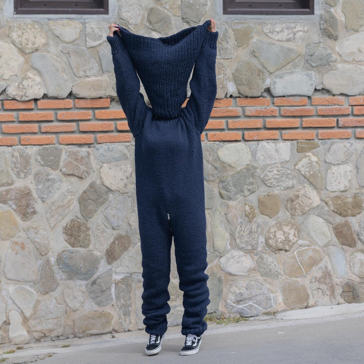 Blue Wool Catsuit – Hand-Knitted Full Body Suit with Long 70 cm Cowl Neck T1871