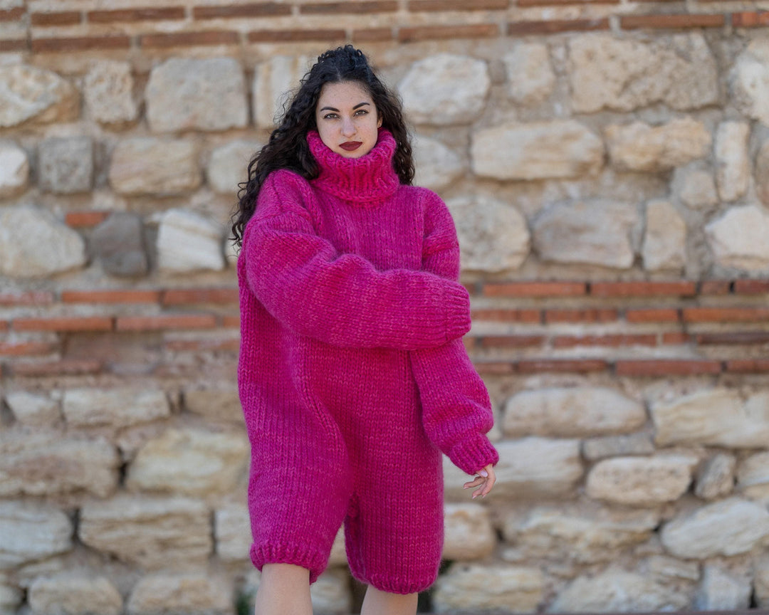 Pink Wool and Mohair Catsuit – Hand-Knitted Soft Short-Leg Bodysuit – Fluffy One-Piece Knit – T1414