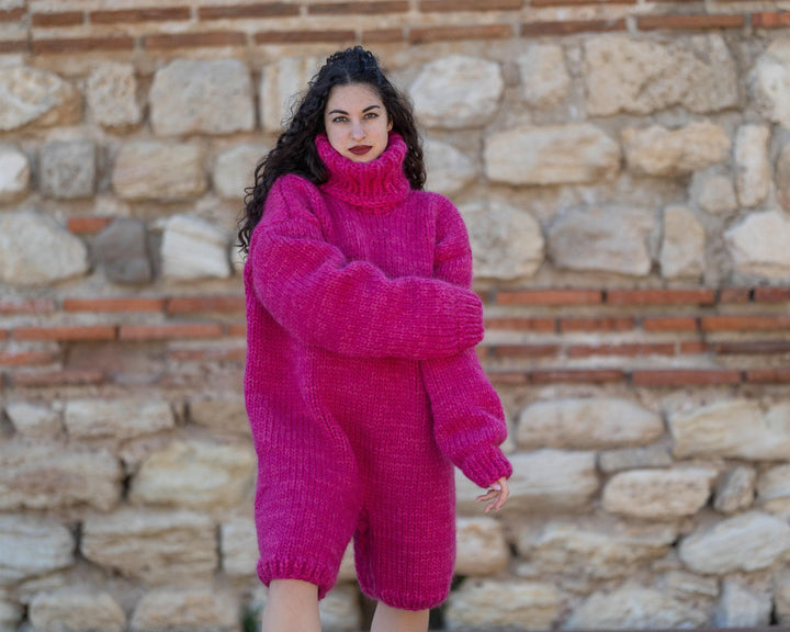 Pink Wool and Mohair Catsuit – Hand-Knitted Soft Short-Leg Bodysuit – Fluffy One-Piece Knit – T1414