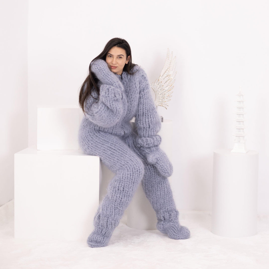 Mohair Catsuit – 20-Strand Hand-Knitted Fluffy Full Body Suit with Matching Mittens and Socks – T1596