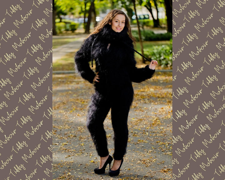 Schwarzer Mohair Catsuit – Grob gestrickter Kapuzen-Ganzkörperanzug – Flauschiger Einteiler – T170