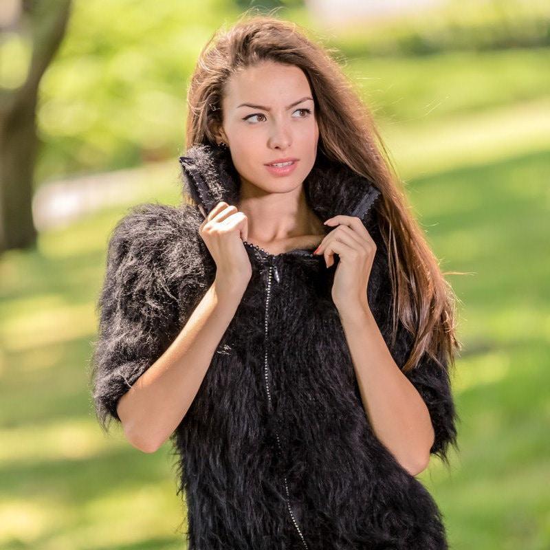 Black Mohair Catsuit – Hand-Knitted Chunky Fluffy Bodysuit with Zipper – Soft One-Piece Suit – T344