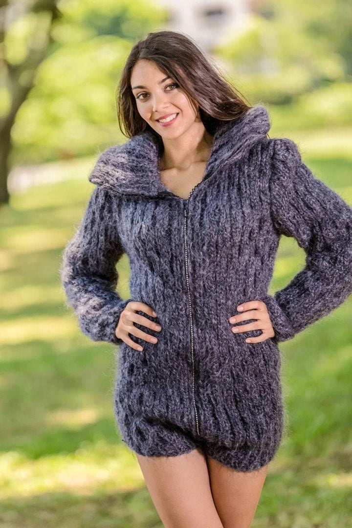 Gray Mohair Catsuit – Hand-Knitted Chunky Fluffy Bodysuit with Zipper – One-Piece Knit T346