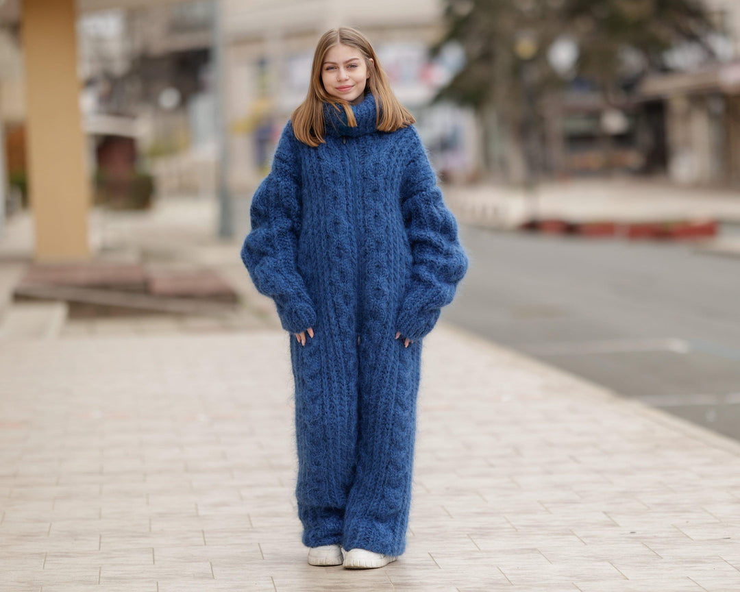 Blue Mohair Catsuit – Fluffy Hand-Knitted 5-Strand Full Body Suit – Soft Cozy One-Piece Knit – T1377