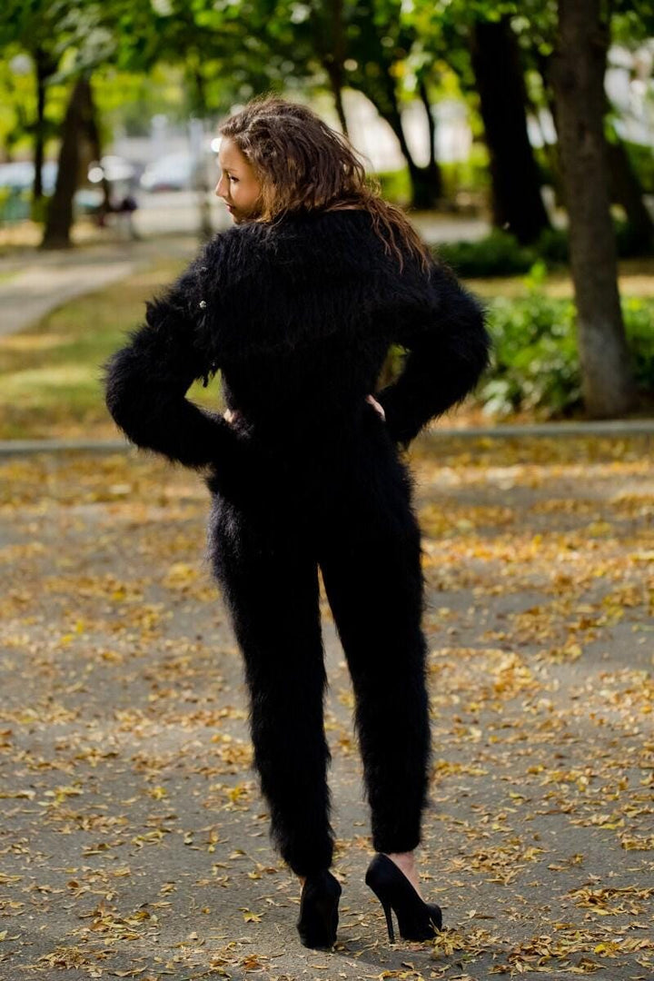 Schwarzer Mohair Catsuit – Grob gestrickter Kapuzen-Ganzkörperanzug – Flauschiger Einteiler – T170