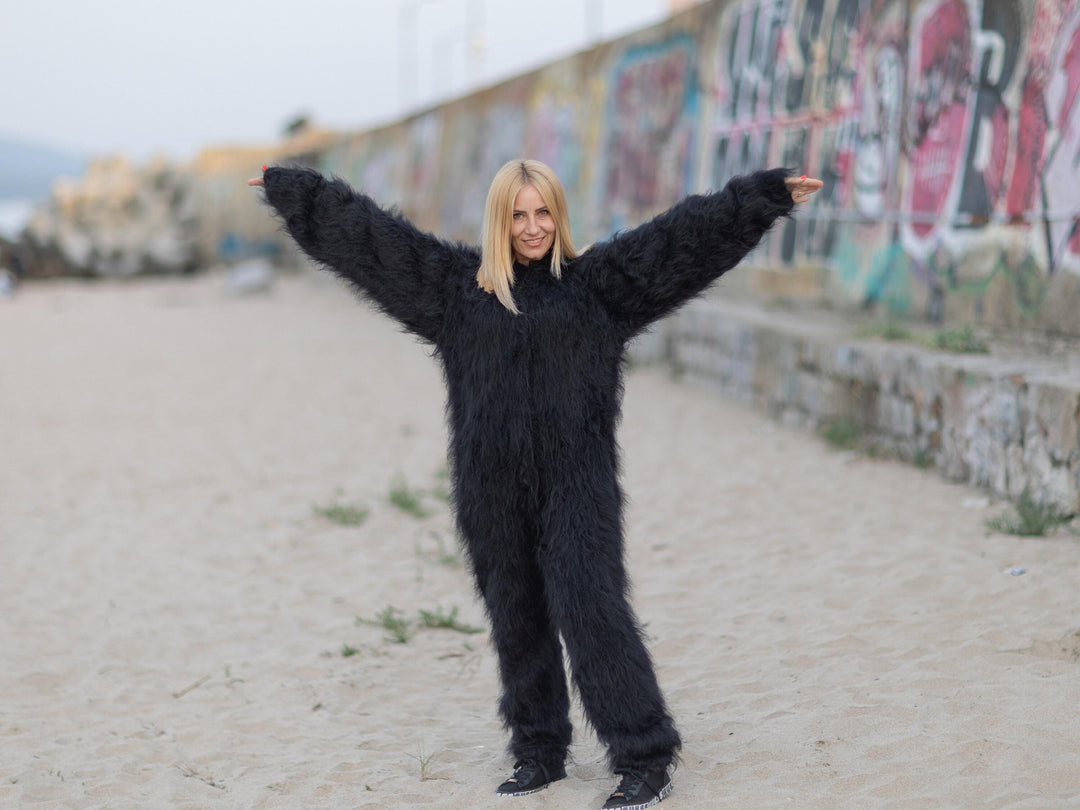 Black Mohair Catsuit – Fluffy Hand-Knitted Hooded Full Body Suit – Cozy Soft One-Piece – T1089