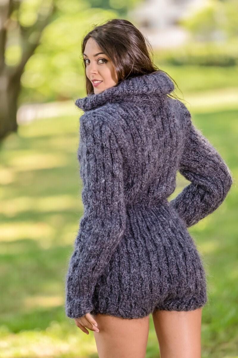 Gray Mohair Catsuit – Hand-Knitted Chunky Fluffy Bodysuit with Zipper – One-Piece Knit T346