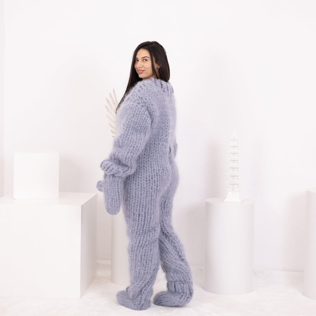 Mohair Catsuit – 20-Strand Hand-Knitted Fluffy Full Body Suit with Matching Mittens and Socks – T1596