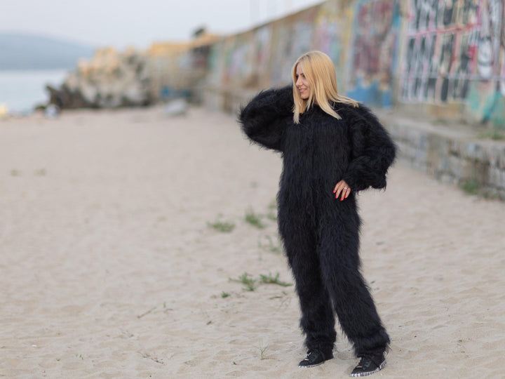 Black Mohair Catsuit – Fluffy Hand-Knitted Hooded Full Body Suit – Cozy Soft One-Piece – T1089