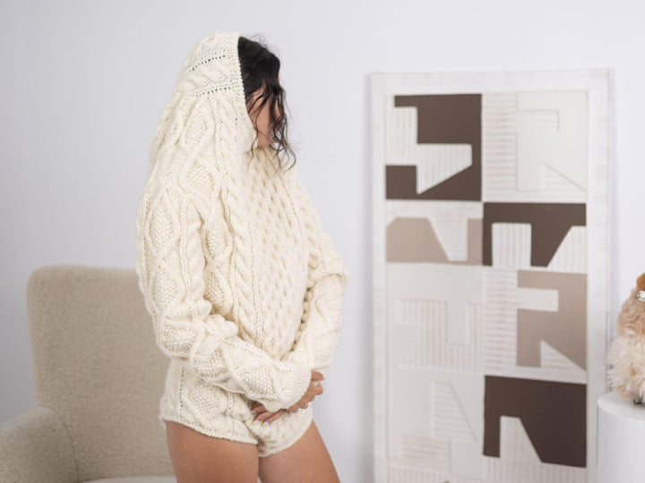 Wool Bodysuit with Hood – Hand-Knitted Chunky Cable Knit Romper – Cozy Warm One-Piece – T1683