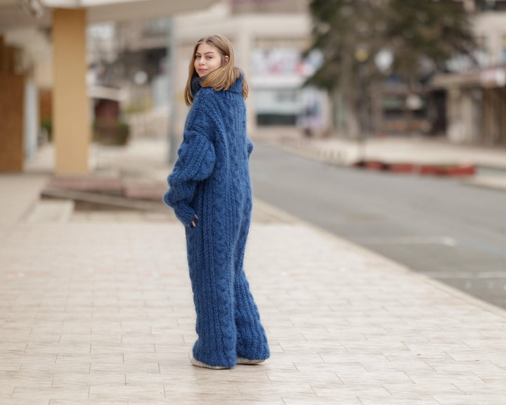 Blue Mohair Catsuit – Fluffy Hand-Knitted 5-Strand Full Body Suit – Soft Cozy One-Piece Knit – T1377