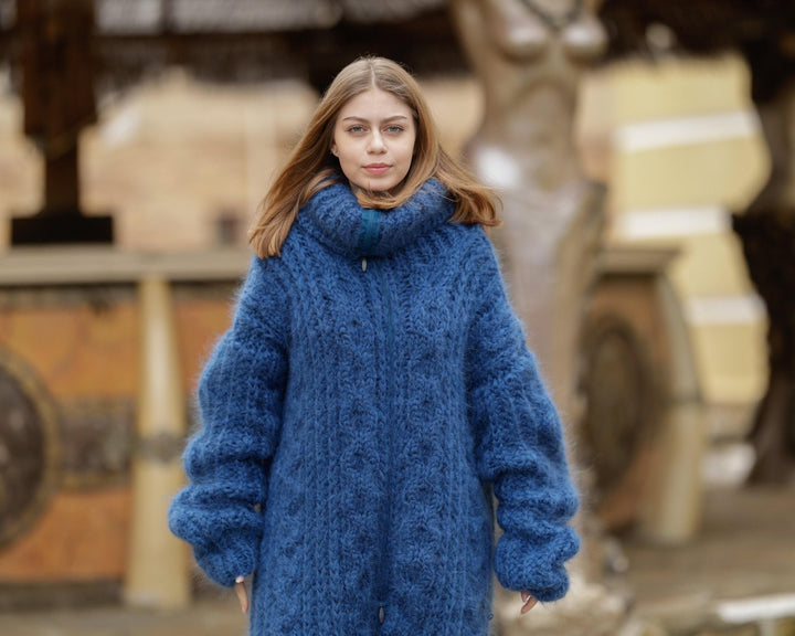 Blue Mohair Catsuit – Fluffy Hand-Knitted 5-Strand Full Body Suit – Soft Cozy One-Piece Knit – T1377