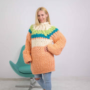 Pfirsichfarbener Pullover aus Merinowolle, handgestrickter, klobiger Oversize-Pullover T1888