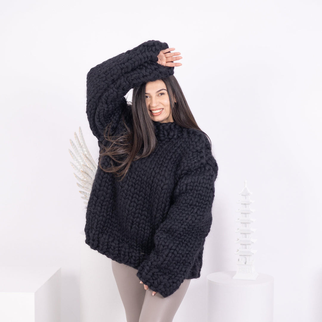 Black Merino Wool Sweater, Hand Knitted Super Chunky Giant Pullover T1593