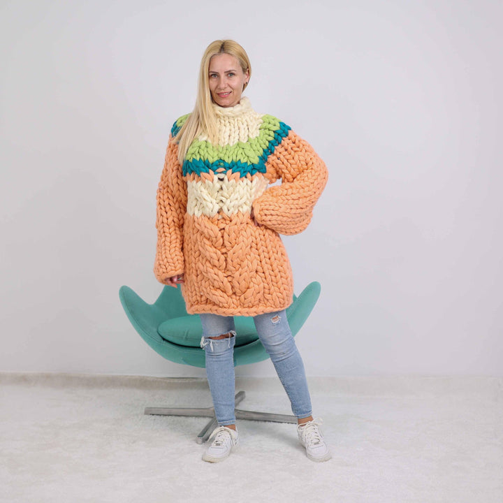 Merino Wool Cable Knit Sweater, Hand Knitted 100% Wool Pullover T1889