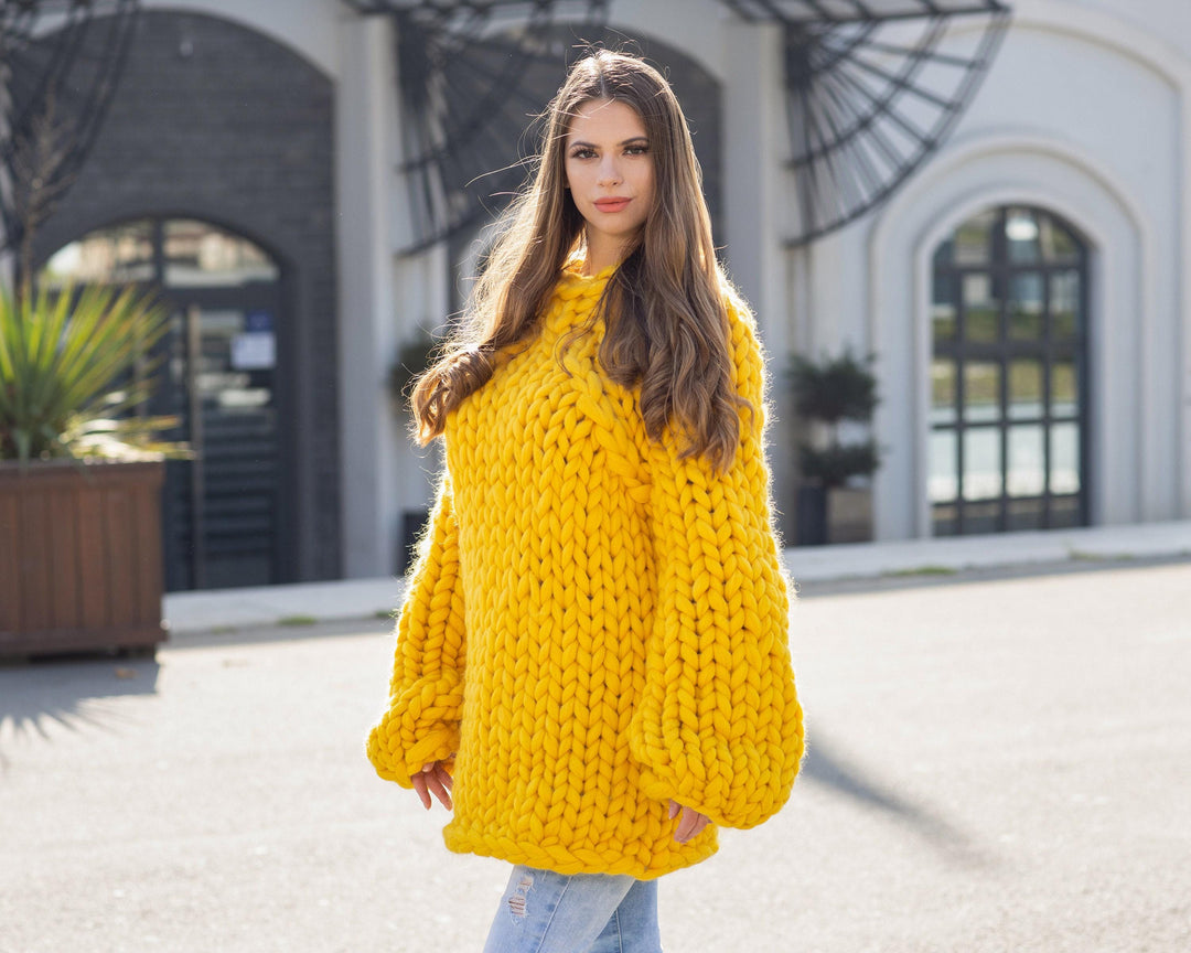 Yellow Merino Wool Sweater, Hand Knitted Super Chunky Giant Pullover T1037