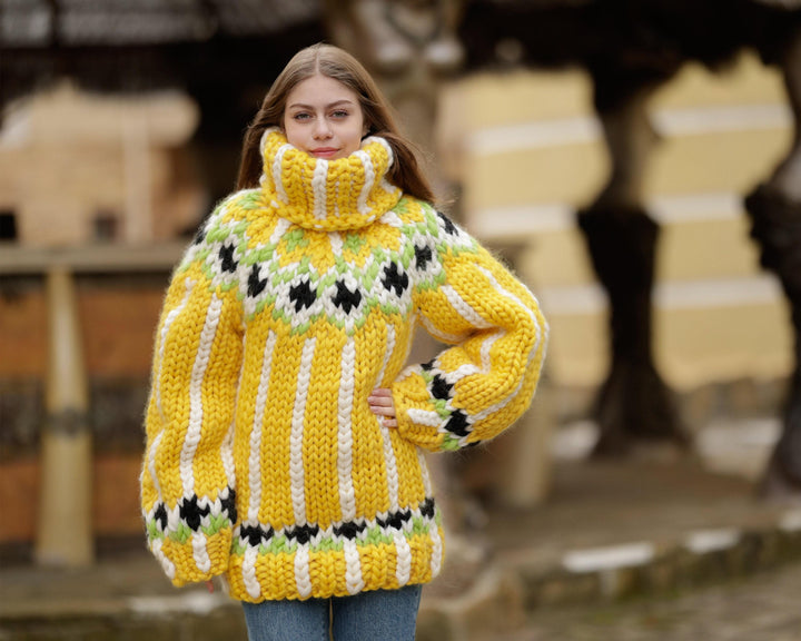 Yellow Icelandic Merino Wool Sweater, Hand Knitted Lopi Turtleneck Pullover T1366
