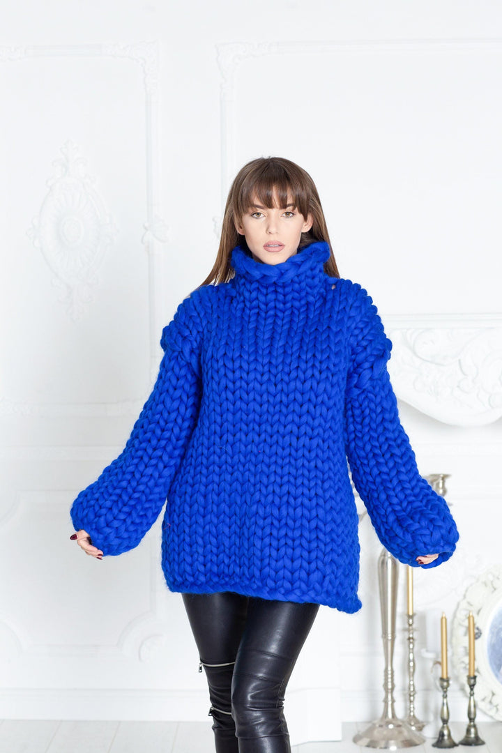 Super Chunky Blue Merino Wool Sweater, Hand Knitted Giant Pullover T604