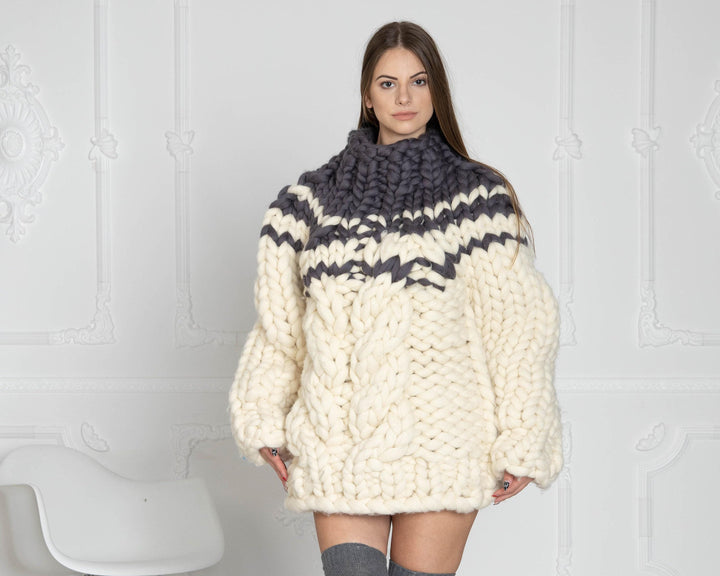 Thick Cable Knit Merino Sweater, Hand Knitted Super Chunky Wool Pullover T621W