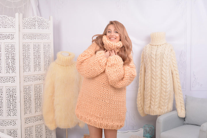Merino Wool Turtleneck Sweater, Hand Knitted Soft Chunky Pullover T755