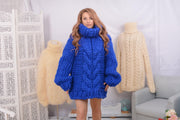 Blauer Merinopullover aus Zopfstrick, handgestrickter dicker Wollpullover von Tiffy Mohair T754